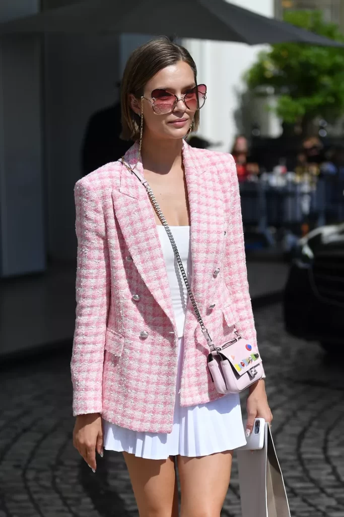 3.    Tweed Blazer with White Tennis Skirt