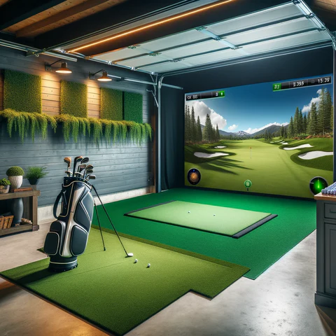 A beautiful 3D Setup of a garage golf simulator with monitor