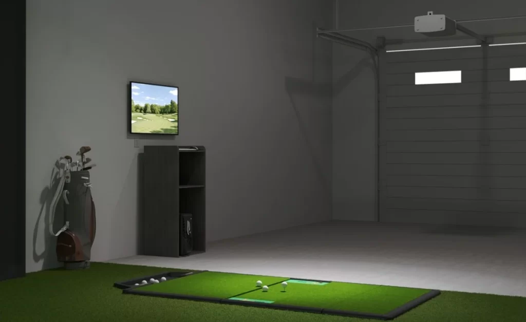 A garage gold simulator in process with a golf mat and a an LED